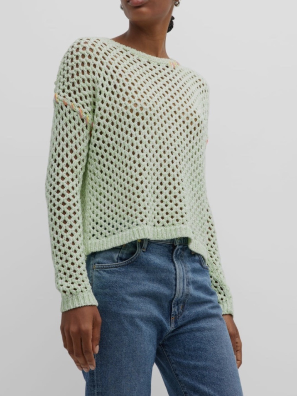 LISA TODD Twister Crewneck Crochet Resort Sweater Neon Sour Apple Size Small - Picture 2 of 8